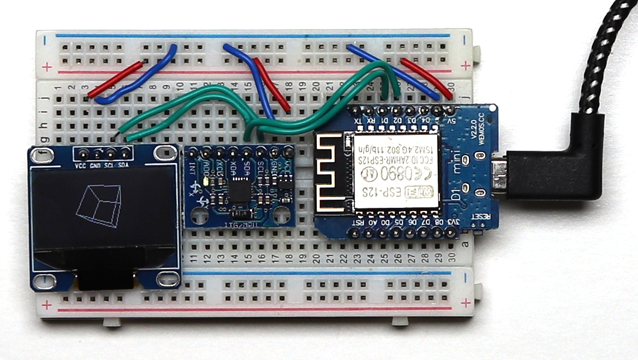 I2C OLED display and Gyro wired to Wemos D1